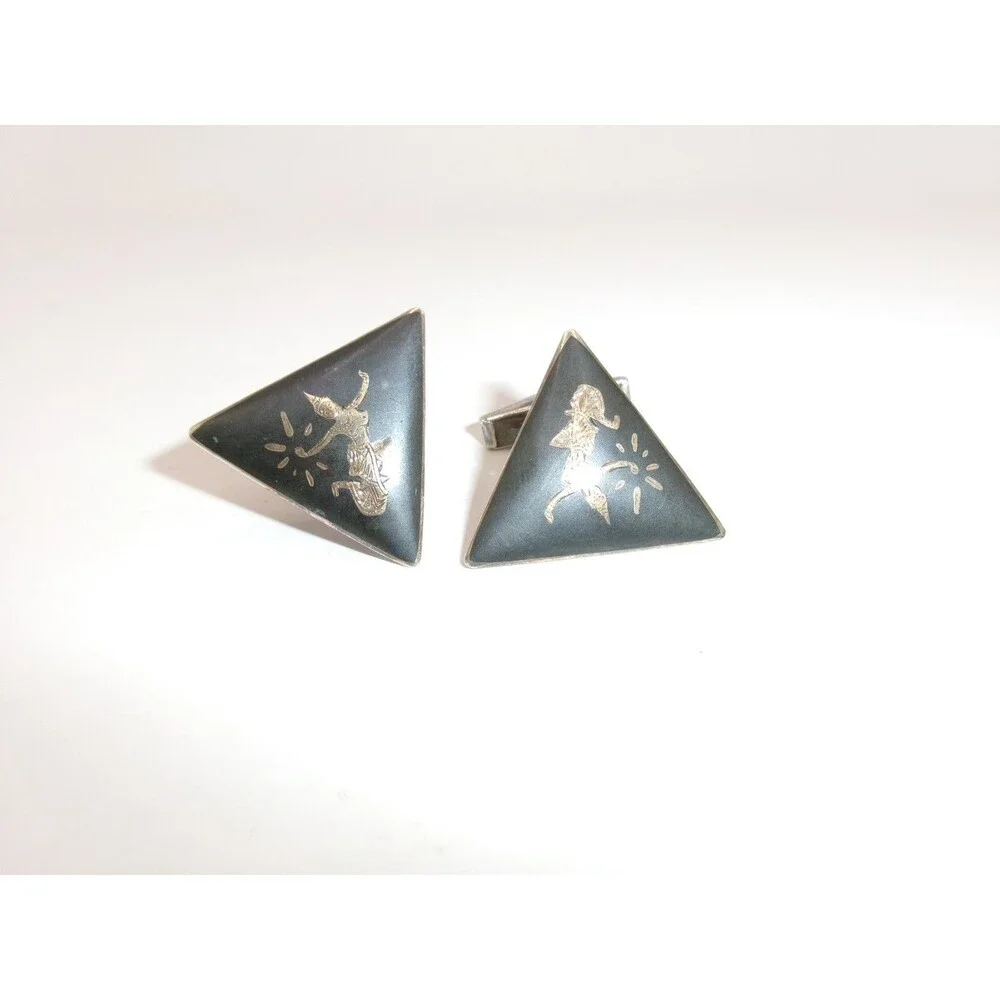 Vintage SIAM Sterling Cufflinks & Tie Clip Bali Dancer Black & Silver Triangles